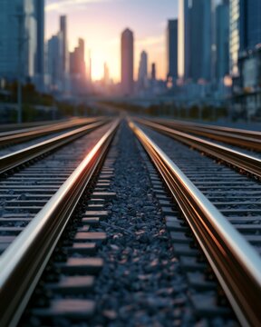 Parallel railway track leading toward a city