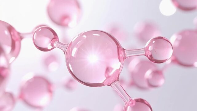 クリスタルのような透明感を持つピンクの分子オブジェクトと繊細な気泡が優雅に漂う、ラグジュアリーな美容科学イメージ動画。美容液、ヒアルロン酸、コラーゲン、ペプチド、セラミドなどの美容成分を連想させるデザインで、スキンケアブランドや美容医療、化粧品広告、研究開発、ヘルスケア分野のビジュアル素材として使用しやすい上質な背景映像。ジェネレーティブAI