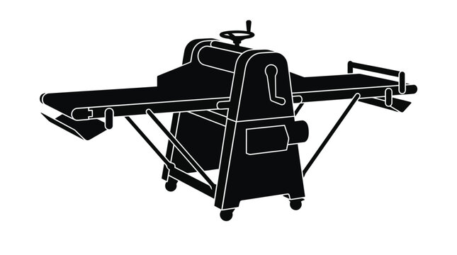 Professional industrial dough sheeter machine featuring a black silhouette design isolated on a clean white background for bakery production and commercial kitchen food preparation equipment usage