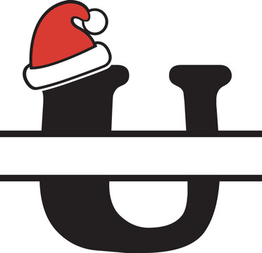 Split Letter U Christmas Monogram with Santa Hat Holiday Alphabet Illustration