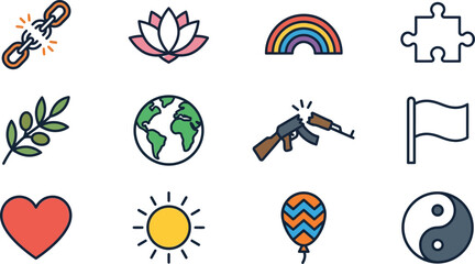 Obraz premium Set of colorful hand drawn doodle icons representing various peace and nature concepts.