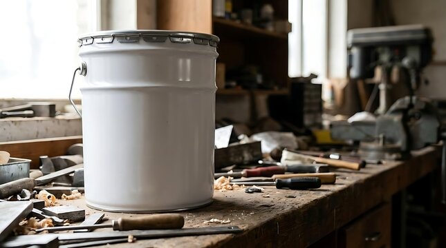 Flame-5 ga5 gallon pail llon jug sitting on a cluttered wooden workshop workbench surrounded by various hand tools and wood shavings in a professional garage