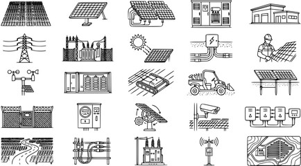 Fototapeta premium Renewable Solar Energy Power Plant Components and Electricity Infrastructure Elements Icons Set. Hand-Drawn Black and White Line Art.