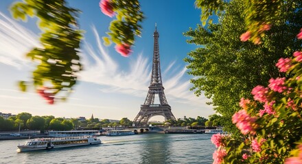 Obraz premium Eiffel Tower and boats on river in Paris