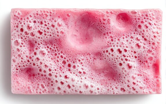 Close-up of pink pitted soap bar with foam texture skincare bathroom cleansing cosmetic moisture fragrance hygienic background close-up accessory wellness