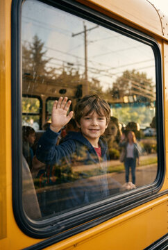 Happy boy waving from school bus window, going to school