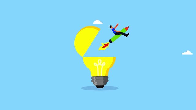 Creative idea startup concept animation with a professional flying out of a light bulb on a pencil rocket.