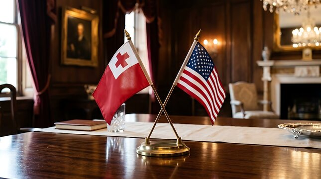 Tonga and USA Small Flags Crossed on a Wooden Table in a Formal Embassy or Government Office Room