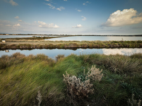 Salins des Pesquiers in the Salins d'Hyeres on Presqu'ile de Giens, showing salt marsh water, grasses, lagoon reflections and Mediterranean coastal wetland scenery under a broad sky in France.