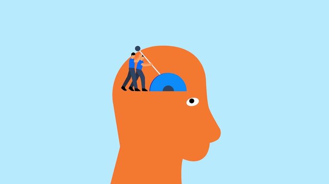 Mind control psychology animation showing two men adjusting a wheel inside a giant human head cutout.