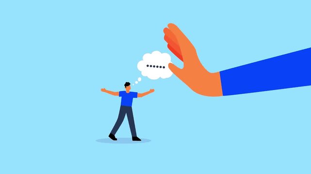 Social suppression concept animation showing a giant hand stopping a small man from speaking his thoughts.