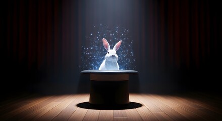 Fototapeta premium White rabbit emerging from black magician hat
