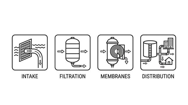 Vector outline icons illustrating the complete water treatment and supply process, from initial intake and multi-stage filtration to membrane purification and final distribution system