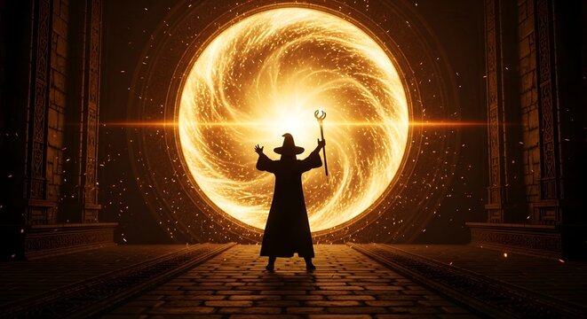 Wizard silhouette facing large swirling golden magic portal