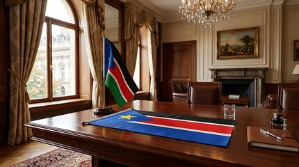 Obraz premium South Sudan National Flag on a Polished Wooden Desk in a Formal Diplomatic Office or Government Room