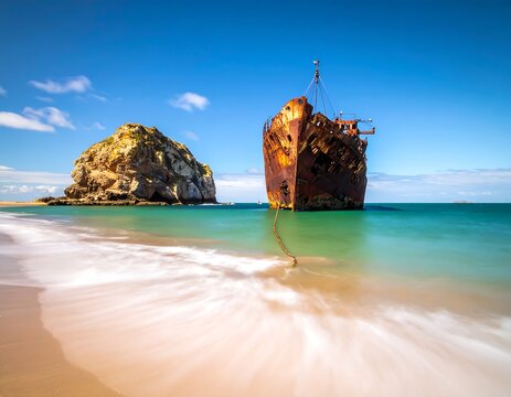 A weathered shipwreck stands next to a rock formation on a sunny beach, with gentle waves and a vibrant blue sky