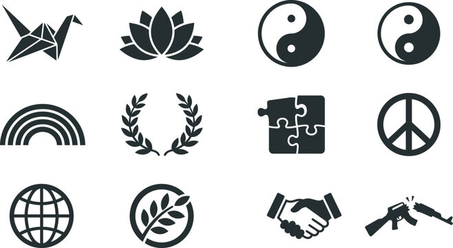 Set of black flat icons representing peace and harmony concepts.