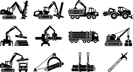 Set of forestry machinery and logging equipment icons in black silhouette. © acehair