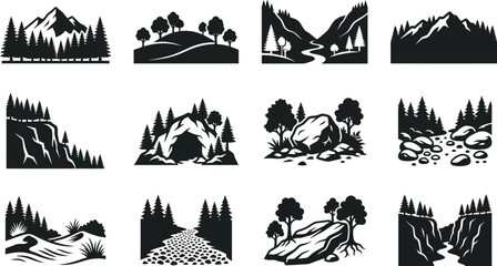 Set of twelve black and white nature landscape silhouettes. © acehair