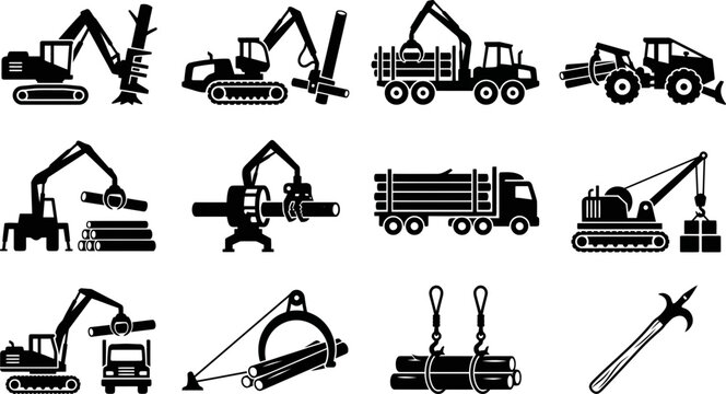 Set of forestry machinery and logging equipment icons in black silhouette.