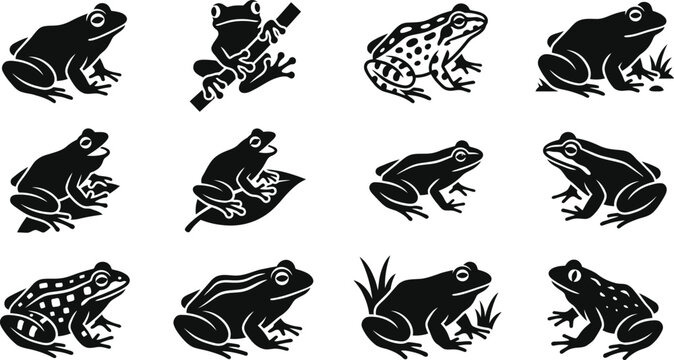 Collection of various black and white frog silhouettes in different poses.