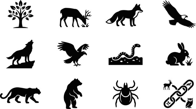 Set of black and white wild animal and nature silhouette icons.