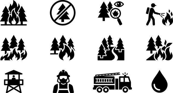 Set of forest fire and firefighting icons.