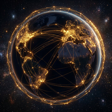 Global Network Connectivity: Earth with illuminated connections in space