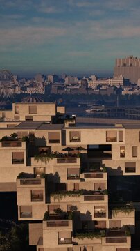 A group of modern buildings stands on a hillside. Some homes have plants on balconies. The city skyline shows tall structures in the background. The sun sets behind the buildings, creating shadows.