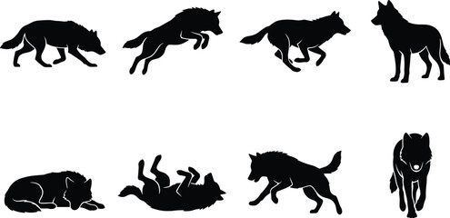 Fototapeta premium Vector collection of wolf silhouettes featuring animals in running, jumping, lying down, playing, and standing poses