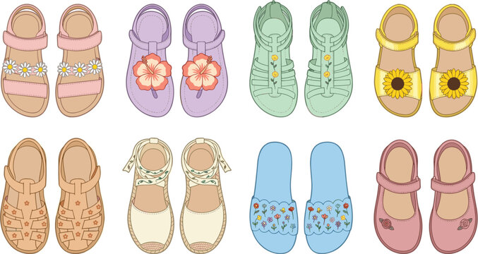 Kids summer sandals and footwear vector collection featuring colorful shoes decorated with daisies sunflowers and floral patterns
