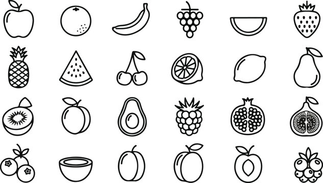 Crisp, clean line art icons depicting a vibrant assortment of fresh fruits, including apples, bananas, berries, and citrus, presented in a scalable vector format for versatile