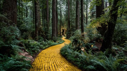 Fototapeta premium Wide view of yellow brick path winding through a dark enchanted forest.