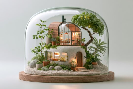 Tiny modern house inside a glass terrarium