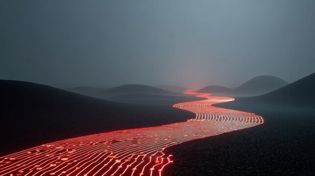 Winding river of red glowing circuit board patterns flowing through a dark mountain landscape.