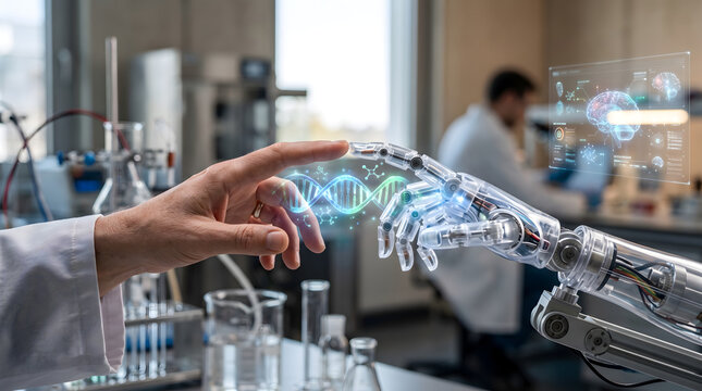 Human and robotic hand touching with digital DNA and brain interface