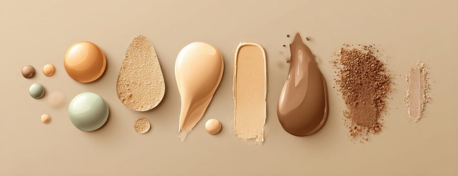 Arrangement of different shades and textures of liquid foundation and powder makeup on a beige surface with foundation cosmetic complexion cosmetics products skincare aesthetic professional