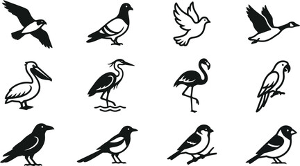 Set of various bird icons in black and white style. © Merah