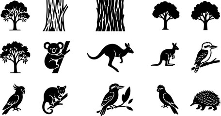 Set of Australian wildlife and nature icon silhouettes. © Merah
