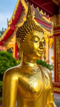Golden Buddha Statue Standing in a Temple Setting