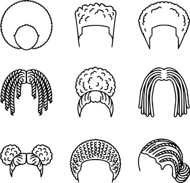 Black and White Line Art of Various Afro Hairstyles and Braids, Microstock Asset