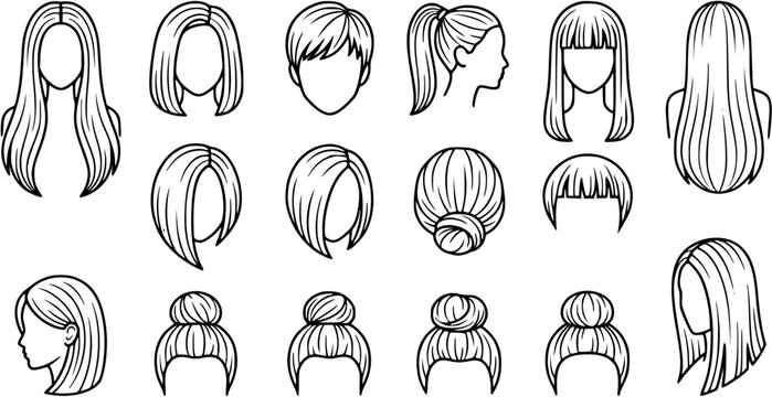 Women's Hairstyles Line Art Vector Set for Beauty  Fashion, featuring long, short, bob, bun, ponytail, and bang haircuts in simple outline style.