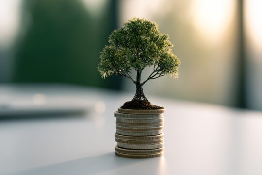 Small tree growing from a stack of coin