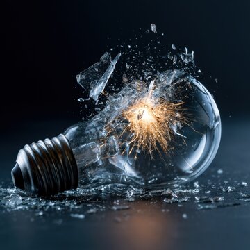 A light bulb breaks due to electrical overload with sparks and glass pieces flying against a dark background in a studio scene.