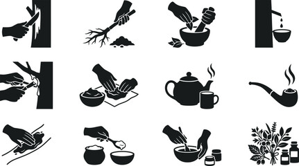 Obraz premium Set of herbal medicine and natural healing icons in black and white.