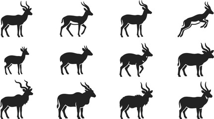 Set of silhouettes of gazelles and antelopes in various standing and moving poses. © Wahid