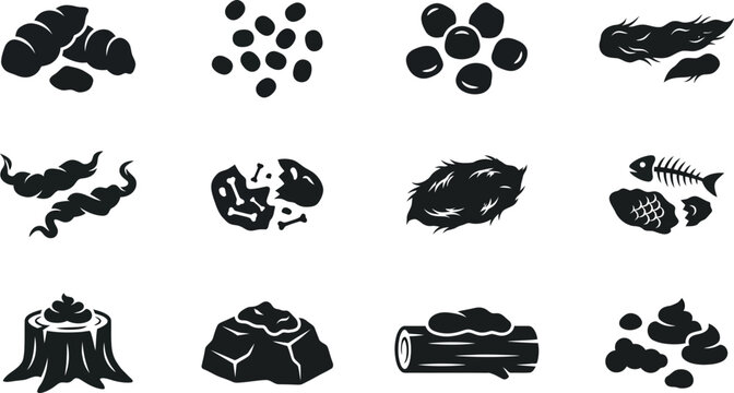 Set of black and white animal feces icons for wildlife tracking and biological study.