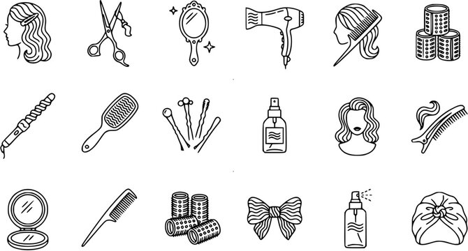 Hairdressing Salon Hair Care Line Art Icons Set - Beauty Tools, Products, and Accessories in Black and White Outline.