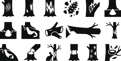 Set of monochrome tree damage and forest wildlife impact icons. © Wahid