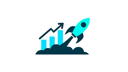 A blue rocket ship taking off next to a bar chart showing rising financial growth and business success icon design Vector © mdlimon